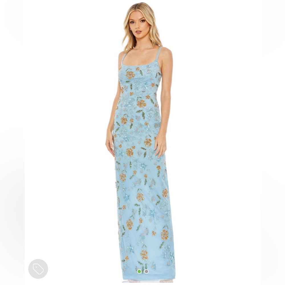 Mac Duggal Blue Sequin Square Neck Gown